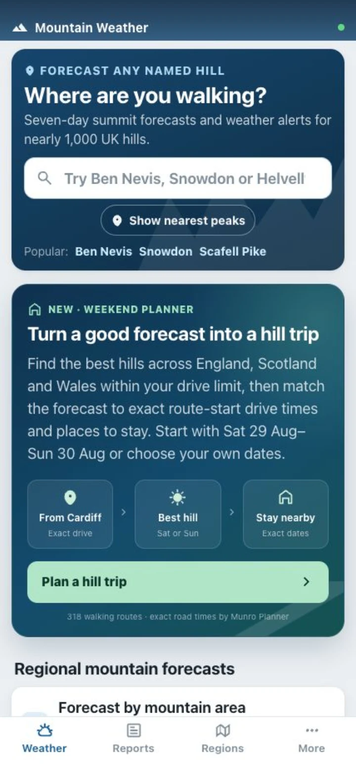 Mountain Weather app dashboard with peak search and trip planning