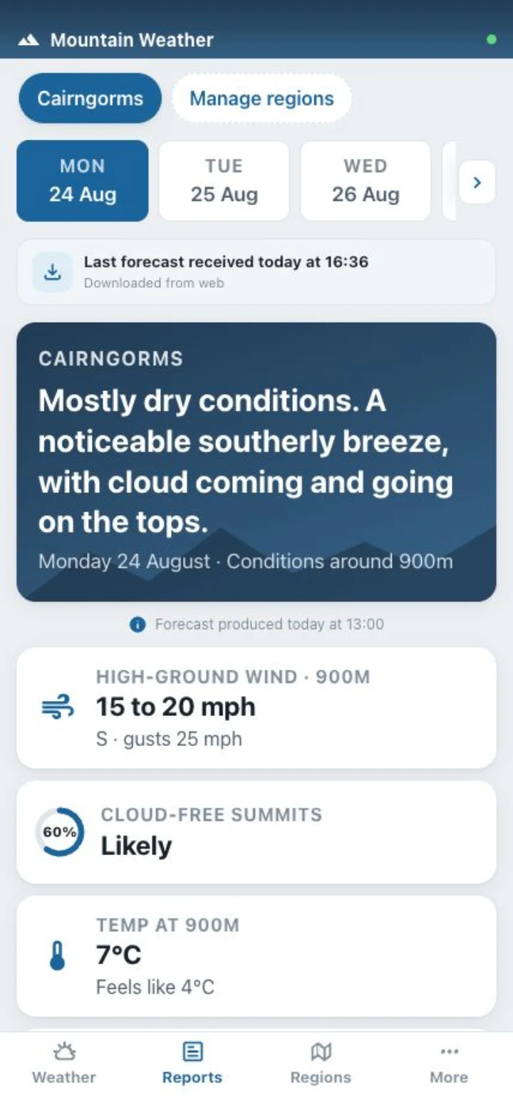 Seven-day Cairngorms regional forecast in the Mountain Weather app